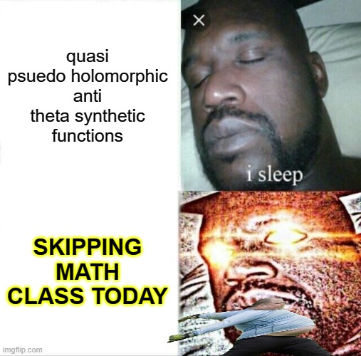 Sleeping Shaq | quasi psuedo holomorphic anti theta synthetic functions; SKIPPING MATH CLASS TODAY | image tagged in memes,sleeping shaq | made w/ Imgflip meme maker