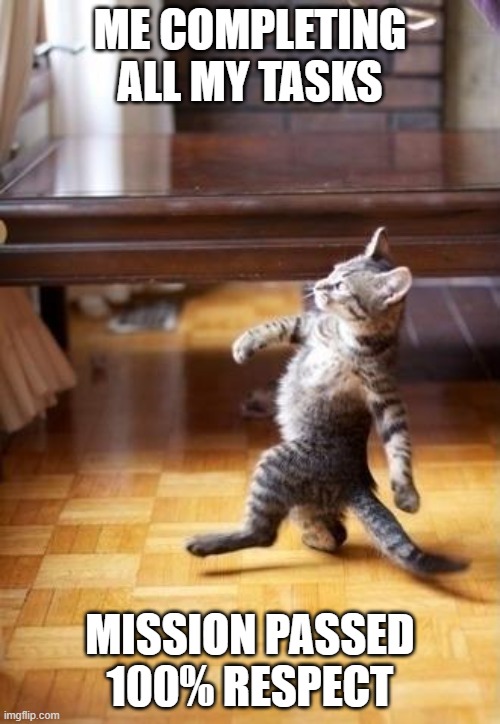 Cool Cat Stroll | ME COMPLETING ALL MY TASKS; MISSION PASSED 100% RESPECT | image tagged in memes,cool cat stroll | made w/ Imgflip meme maker