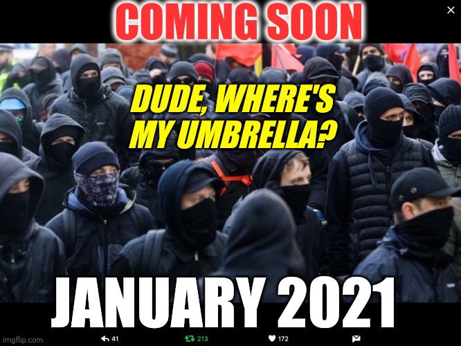 ANTIFA BLACK OUT: Umbrella Terrorists Riots in Portland, Seattle, DC, and other Cities Across America | COMING SOON; DUDE, WHERE'S MY UMBRELLA? JANUARY 2021 | image tagged in antifa,politics,lol so funny,truth,movie | made w/ Imgflip meme maker