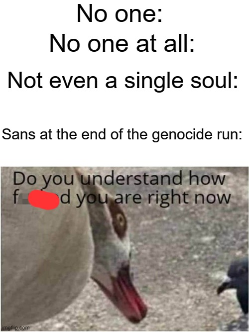 Rip Frisk. Was shipped with a dead adult | No one:; No one at all:; Not even a single soul:; Sans at the end of the genocide run: | image tagged in do you understand how ducked you are right now,memes,funny,sans,sans undertale | made w/ Imgflip meme maker