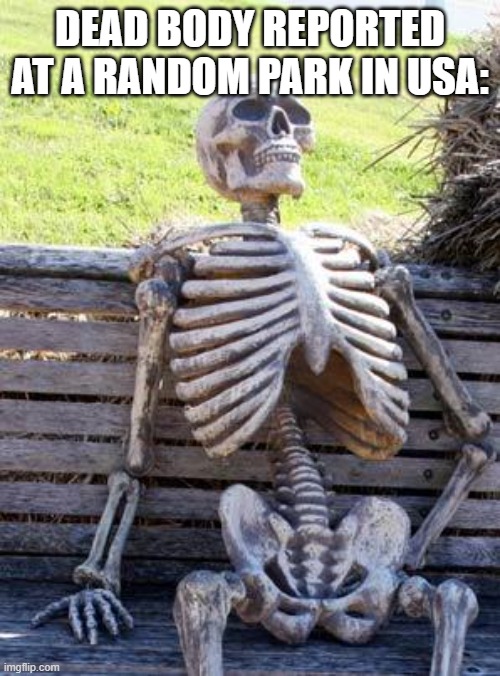 Waiting Skeleton | DEAD BODY REPORTED AT A RANDOM PARK IN USA: | image tagged in memes,waiting skeleton | made w/ Imgflip meme maker