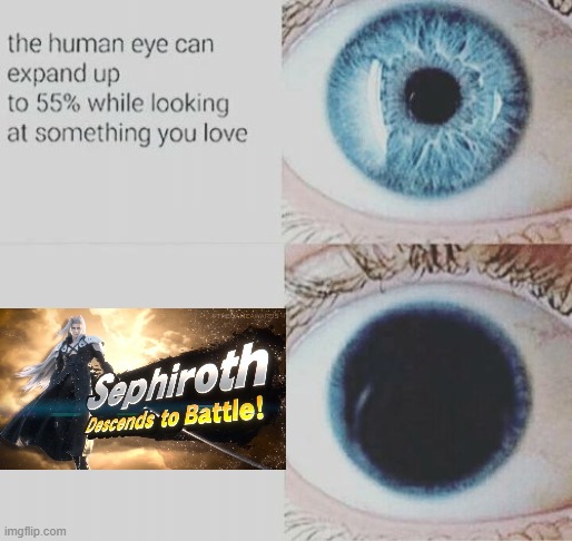 *Screaming with excitement* | image tagged in eye pupil expand,sephiroth,super smash bros,final fantasy 7 | made w/ Imgflip meme maker