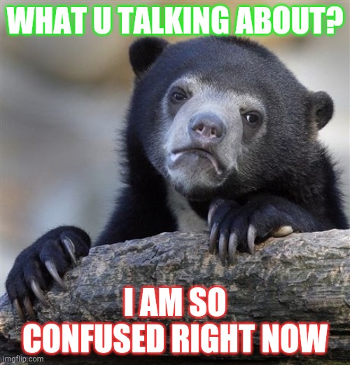 Confession Bear Meme | WHAT U TALKING ABOUT? I AM SO CONFUSED RIGHT NOW | image tagged in memes,confession bear | made w/ Imgflip meme maker