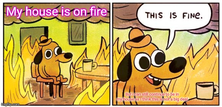 This Is Fine | My house is on fire; But i can still continue to be in my house as i think this is not a big deal | image tagged in memes,this is fine | made w/ Imgflip meme maker