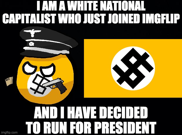 Vote for me because I support free speech, and it would be funny if a newbie won. | I AM A WHITE NATIONAL CAPITALIST WHO JUST JOINED IMGFLIP; AND I HAVE DECIDED TO RUN FOR PRESIDENT | image tagged in memes,politics,white nationalism,capitalism | made w/ Imgflip meme maker