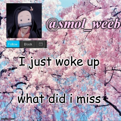 smol weeb announcement page | I just woke up; what did i miss | image tagged in smol weeb announcement page | made w/ Imgflip meme maker