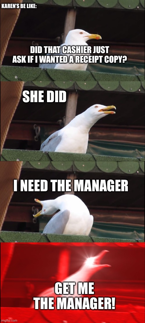 Karen’s be like | KAREN’S BE LIKE:; DID THAT CASHIER JUST ASK IF I WANTED A RECEIPT COPY? SHE DID; I NEED THE MANAGER; GET ME THE MANAGER! | image tagged in memes,inhaling seagull | made w/ Imgflip meme maker