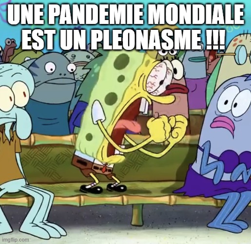 Spongebob Yelling | UNE PANDEMIE MONDIALE EST UN PLEONASME !!! | image tagged in spongebob yelling,pandemie,pleonasme,fun | made w/ Imgflip meme maker
