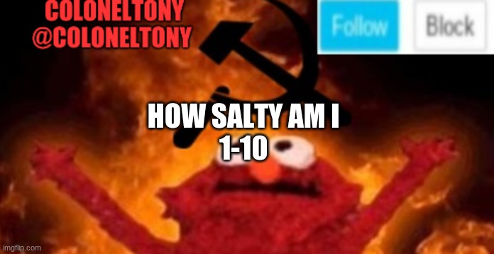 ColonelTony anoucment #2 | HOW SALTY AM I 
1-10 | image tagged in coloneltony anoucment 3 | made w/ Imgflip meme maker