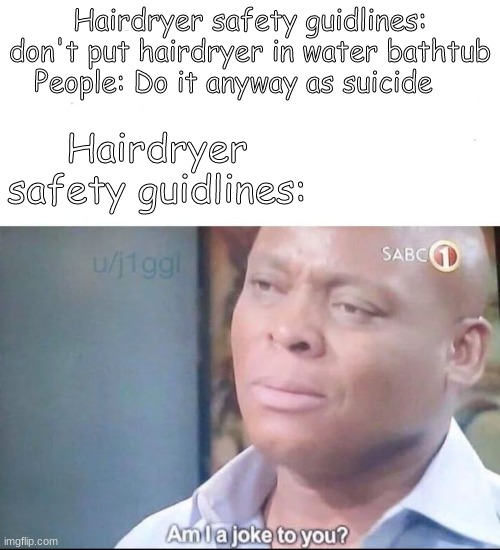 Please don't take an offense to this | Hairdryer safety guidlines: don't put hairdryer in water bathtub
People: Do it anyway as suicide; Hairdryer safety guidlines: | image tagged in am i a joke to you | made w/ Imgflip meme maker