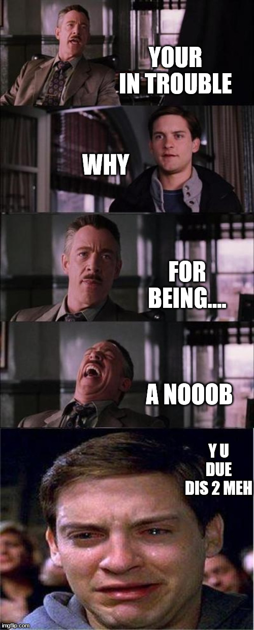 cry noob cry | YOUR IN TROUBLE; WHY; FOR BEING.... A NOOOB; Y U DUE DIS 2 MEH | image tagged in memes,peter parker cry | made w/ Imgflip meme maker