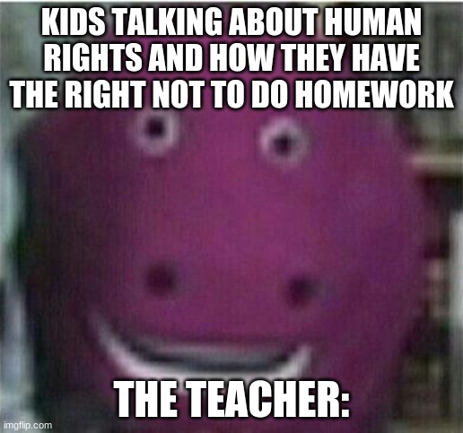 W the heck lol | KIDS TALKING ABOUT HUMAN RIGHTS AND HOW THEY HAVE THE RIGHT NOT TO DO HOMEWORK; THE TEACHER: | image tagged in barney the dinosaur | made w/ Imgflip meme maker