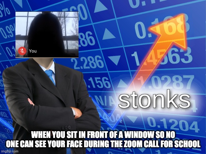 school zoom calls be like | WHEN YOU SIT IN FRONT OF A WINDOW SO NO ONE CAN SEE YOUR FACE DURING THE ZOOM CALL FOR SCHOOL | image tagged in stonks | made w/ Imgflip meme maker