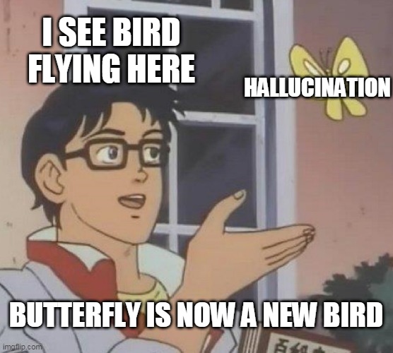 Hallucination be like | I SEE BIRD FLYING HERE; HALLUCINATION; BUTTERFLY IS NOW A NEW BIRD | image tagged in memes,is this a pigeon | made w/ Imgflip meme maker