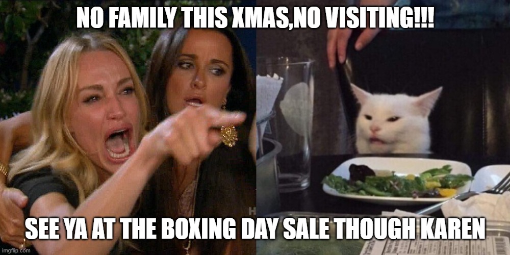 Woman yelling at cat | NO FAMILY THIS XMAS,NO VISITING!!! SEE YA AT THE BOXING DAY SALE THOUGH KAREN | image tagged in woman yelling at cat | made w/ Imgflip meme maker