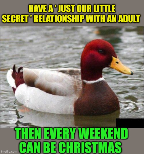 Malicious Advice Mallard Says ... HEY KIDS, D’YA LIKE GIFTS ?? | HAVE A ‘ JUST OUR LITTLE SECRET ’ RELATIONSHIP WITH AN ADULT; THEN EVERY WEEKEND CAN BE CHRISTMAS | image tagged in memes,malicious advice mallard,peadophilia,christmas gifts,presents,dark humour | made w/ Imgflip meme maker