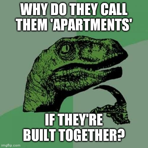 Trippy | WHY DO THEY CALL THEM 'APARTMENTS'; IF THEY'RE BUILT TOGETHER? | image tagged in memes,philosoraptor | made w/ Imgflip meme maker