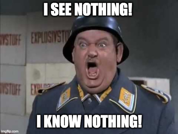 Sgt. Schultz shouting | I SEE NOTHING! I KNOW NOTHING! | image tagged in sgt schultz shouting | made w/ Imgflip meme maker