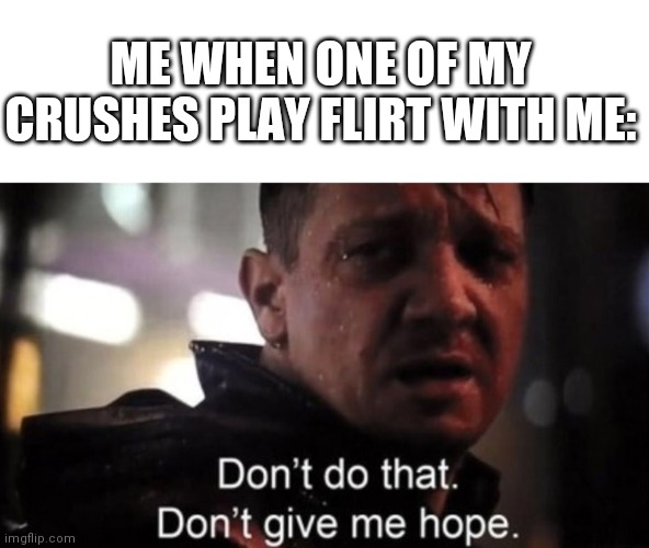 Dont give me hope | ME WHEN ONE OF MY CRUSHES PLAY FLIRT WITH ME: | image tagged in dont give me hope | made w/ Imgflip meme maker
