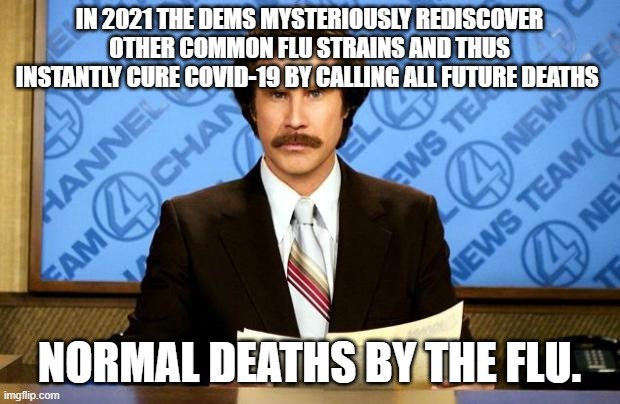 Funny how that will work out: | IN 2021 THE DEMS MYSTERIOUSLY REDISCOVER OTHER COMMON FLU STRAINS AND THUS INSTANTLY CURE COVID-19 BY CALLING ALL FUTURE DEATHS; NORMAL DEATHS BY THE FLU. | image tagged in breaking news | made w/ Imgflip meme maker