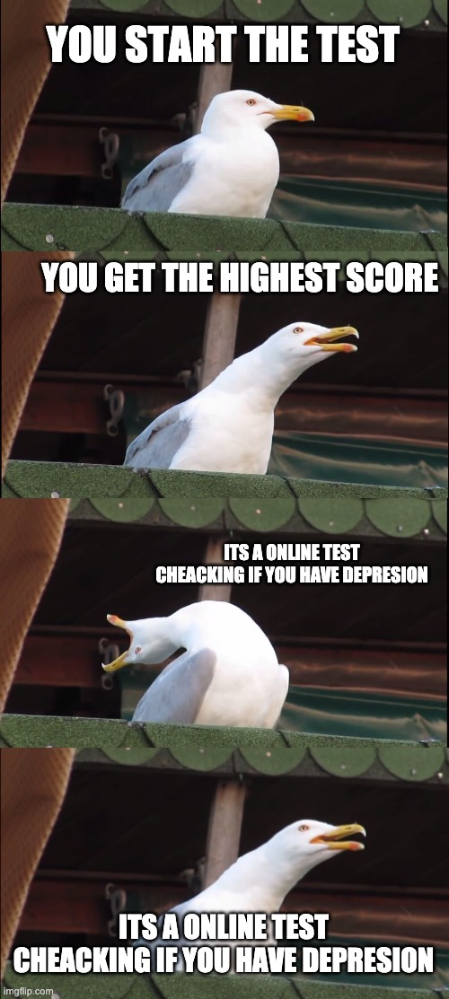 online 2020 be like | YOU START THE TEST; YOU GET THE HIGHEST SCORE; ITS A ONLINE TEST CHEACKING IF YOU HAVE DEPRESION; ITS A ONLINE TEST CHEACKING IF YOU HAVE DEPRESION | image tagged in memes,inhaling seagull | made w/ Imgflip meme maker