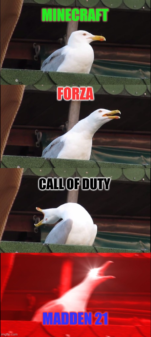 Inhaling Seagull | MINECRAFT; FORZA; CALL OF DUTY; MADDEN 21 | image tagged in memes,inhaling seagull | made w/ Imgflip meme maker