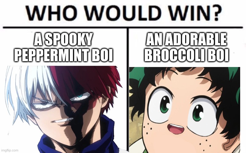 mha fannnnnn | A SPOOKY PEPPERMINT BOI; AN ADORABLE BROCCOLI BOI | image tagged in who would win | made w/ Imgflip meme maker