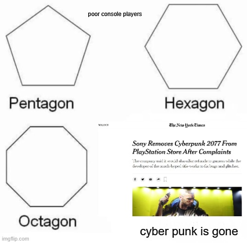 Pentagon Hexagon Octagon | poor console players; cyber punk is gone | image tagged in memes,pentagon hexagon octagon | made w/ Imgflip meme maker