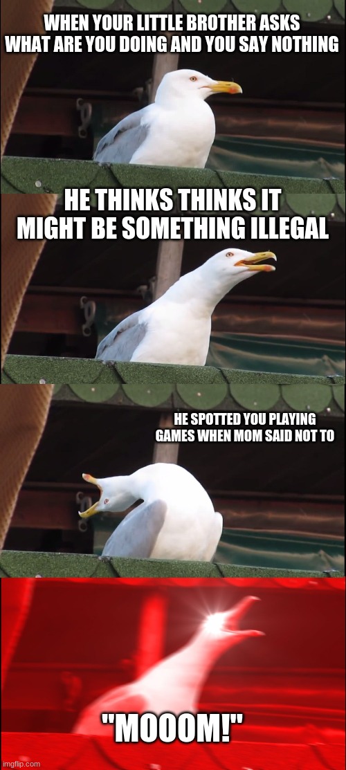 Brother trouble | WHEN YOUR LITTLE BROTHER ASKS WHAT ARE YOU DOING AND YOU SAY NOTHING; HE THINKS THINKS IT MIGHT BE SOMETHING ILLEGAL; HE SPOTTED YOU PLAYING GAMES WHEN MOM SAID NOT TO; "MOOOM!" | image tagged in memes,inhaling seagull | made w/ Imgflip meme maker