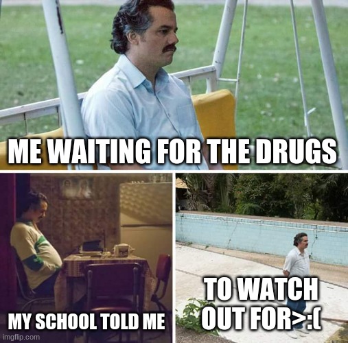 Sad Pablo Escobar | ME WAITING FOR THE DRUGS; MY SCHOOL TOLD ME; TO WATCH OUT FOR>:( | image tagged in memes,sad pablo escobar | made w/ Imgflip meme maker