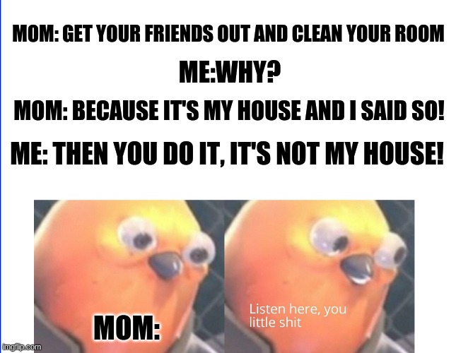 It's not my house | MOM: GET YOUR FRIENDS OUT AND CLEAN YOUR ROOM; ME:WHY? MOM: BECAUSE IT'S MY HOUSE AND I SAID SO! ME: THEN YOU DO IT, IT'S NOT MY HOUSE! MOM: | image tagged in listen here you little shit | made w/ Imgflip meme maker