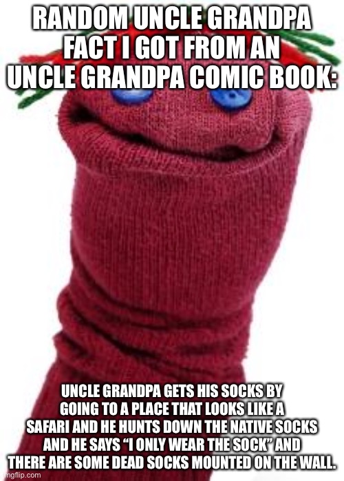 sock puppet | RANDOM UNCLE GRANDPA FACT I GOT FROM AN UNCLE GRANDPA COMIC BOOK:; UNCLE GRANDPA GETS HIS SOCKS BY GOING TO A PLACE THAT LOOKS LIKE A SAFARI AND HE HUNTS DOWN THE NATIVE SOCKS AND HE SAYS “I ONLY WEAR THE SOCK” AND THERE ARE SOME DEAD SOCKS MOUNTED ON THE WALL. | image tagged in sock puppet,uncle grandpa | made w/ Imgflip meme maker