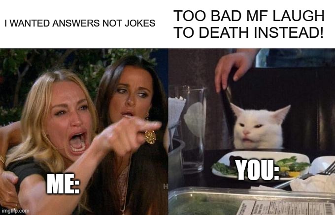 Woman Yelling At Cat Meme | I WANTED ANSWERS NOT JOKES TOO BAD MF LAUGH TO DEATH INSTEAD! ME: YOU: | image tagged in memes,woman yelling at cat | made w/ Imgflip meme maker