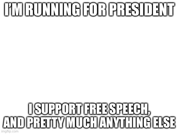 Blank White Template | I’M RUNNING FOR PRESIDENT; I SUPPORT FREE SPEECH, AND PRETTY MUCH ANYTHING ELSE | image tagged in blank white template | made w/ Imgflip meme maker