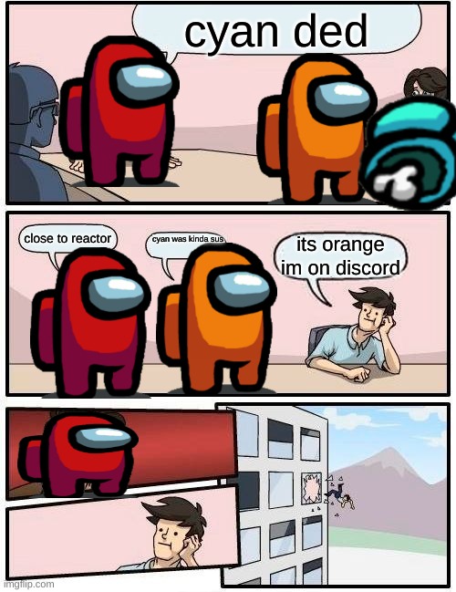 among us with randoms |  cyan ded; close to reactor; cyan was kinda sus; its orange im on discord | image tagged in memes,boardroom meeting suggestion | made w/ Imgflip meme maker