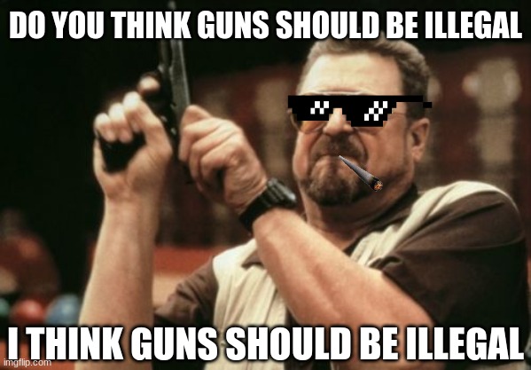 Am I The Only One Around Here | DO YOU THINK GUNS SHOULD BE ILLEGAL; I THINK GUNS SHOULD BE ILLEGAL | image tagged in memes,am i the only one around here | made w/ Imgflip meme maker