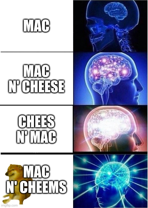 Expanding Brain Meme | MAC; MAC N' CHEESE; CHEES N' MAC; MAC N' CHEEMS | image tagged in memes,expanding brain | made w/ Imgflip meme maker