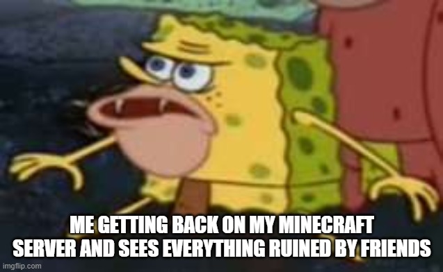 MY MINECRAFT | ME GETTING BACK ON MY MINECRAFT SERVER AND SEES EVERYTHING RUINED BY FRIENDS | image tagged in memes,spongegar | made w/ Imgflip meme maker