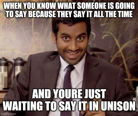 tom haverford | WHEN YOU KNOW WHAT SOMEONE IS GOING TO SAY BECAUSE THEY SAY IT ALL THE TIME; AND YOURE JUST WAITING TO SAY IT IN UNISON | image tagged in tom haverford | made w/ Imgflip meme maker