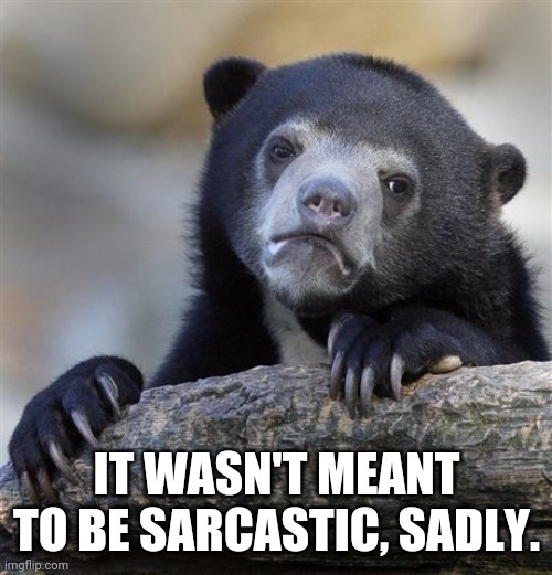 Confession Bear Meme | IT WASN'T MEANT TO BE SARCASTIC, SADLY. | image tagged in memes,confession bear | made w/ Imgflip meme maker