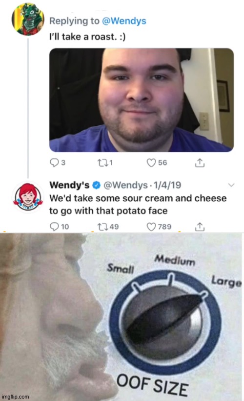 Wendy's back at it with the roasts | image tagged in oof size large,oof,oof stones,super hot fire,roasted,memes | made w/ Imgflip meme maker