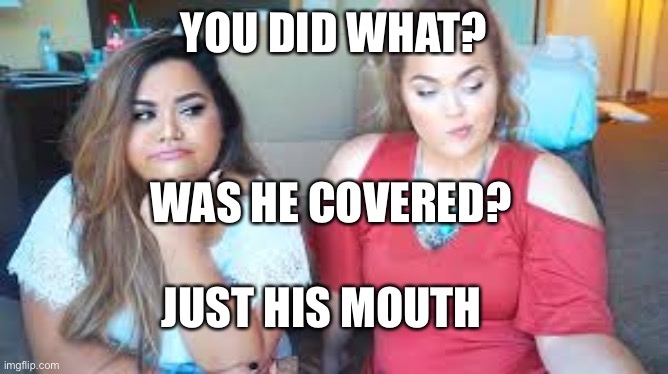 Cover up | YOU DID WHAT? WAS HE COVERED? JUST HIS MOUTH | image tagged in two girls,wear a mask | made w/ Imgflip meme maker