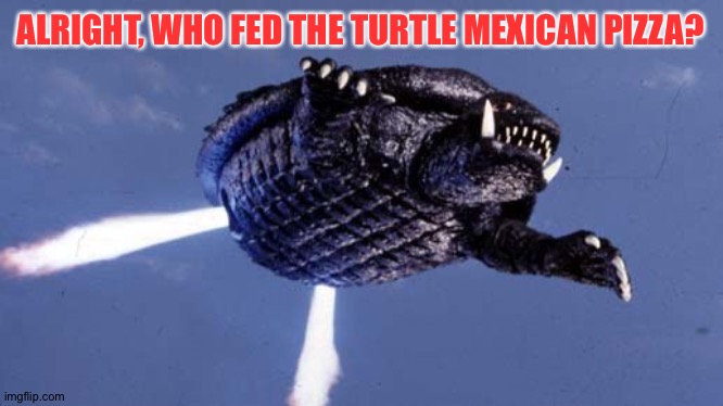 Gamera | ALRIGHT, WHO FED THE TURTLE MEXICAN PIZZA? | image tagged in gamera | made w/ Imgflip meme maker