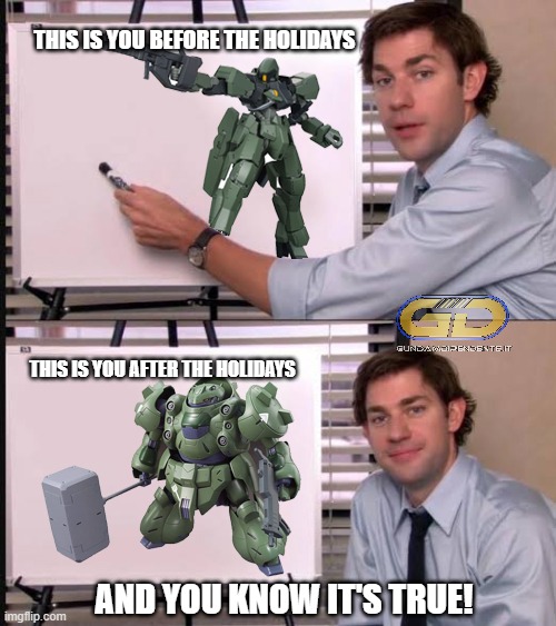 Jim Halpert Jim Halpert expose the truth | THIS IS YOU BEFORE THE HOLIDAYS; THIS IS YOU AFTER THE HOLIDAYS; AND YOU KNOW IT'S TRUE! | image tagged in jim halpert explains,gundam | made w/ Imgflip meme maker