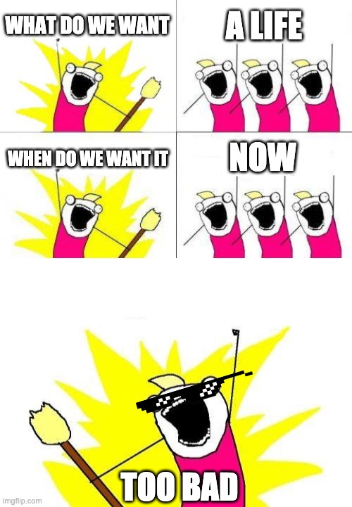 WHAT DO WE WANT; A LIFE; NOW; WHEN DO WE WANT IT; TOO BAD | image tagged in memes,what do we want,x all the y | made w/ Imgflip meme maker