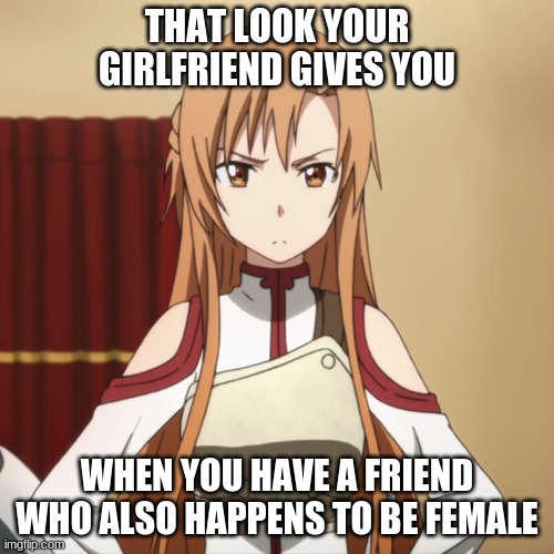 THAT LOOK YOUR GIRLFRIEND GIVES YOU; WHEN YOU HAVE A FRIEND WHO ALSO HAPPENS TO BE FEMALE | image tagged in anime,ha ha tags go brr,pog | made w/ Imgflip meme maker