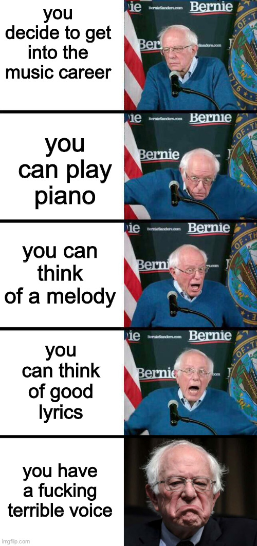 you decide to get into the music career; you can play piano; you can think of a melody; you can think of good lyrics; you have a fucking terrible voice | image tagged in memes | made w/ Imgflip meme maker