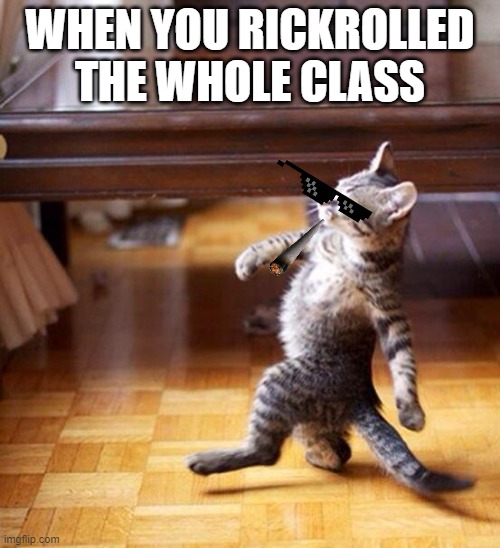 Get rickrolled | WHEN YOU RICKROLLED THE WHOLE CLASS | image tagged in swag cat | made w/ Imgflip meme maker
