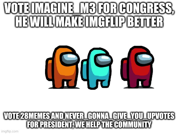 vote us for our respective positions | VOTE IMAGINE_M3 FOR CONGRESS, HE WILL MAKE IMGFLIP BETTER; VOTE 28MEMES AND NEVER_GONNA_GIVE_YOU_UPVOTES FOR PRESIDENT, WE HELP THE COMMUNITY | image tagged in blank white template | made w/ Imgflip meme maker