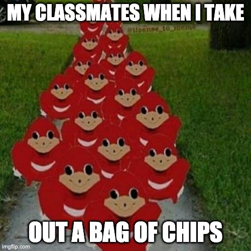 Ugandan knuckles army | MY CLASSMATES WHEN I TAKE; OUT A BAG OF CHIPS | image tagged in ugandan knuckles army | made w/ Imgflip meme maker